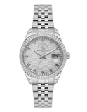Silver-toned round watch with a patterned dial, crystal hour markers, date window, fluted bezel, and a silver-toned metal lin