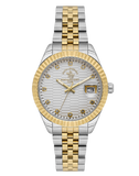 Silver-toned and gold-toned metal watch with a white textured dial, crystal hour markers, and a date window.