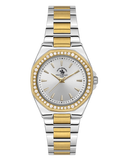 Silver and gold-toned women's watch with an octagonal bezel embellished with clear stones and a silver dial.