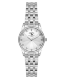 Silver-toned women's watch with a round case, textured silver dial, crystal hour markers, and a silver-toned link bracelet.