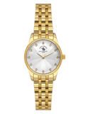 Gold-toned Santa Barbara Polo & Racquet Club women's watch with a white patterned dial and crystal hour markers.