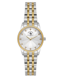 A two-tone silver-toned and gold-toned Santa Barbara Polo & Racquet Club women's watch with a white textured dial and crystal