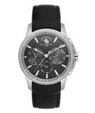 Men's watch with a silver-toned case, black textured dial, three sub-dials, and a black crocodile-embossed strap.