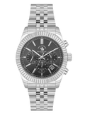 Silver-toned metal watch with a fluted bezel, dark grey dial, three sub-dials, date window, and a five-link bracelet.