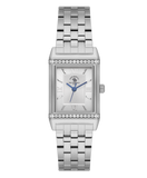 Silver-toned rectangular watch with a link bracelet, crystal-embellished bezel, and a textured dial with Roman numerals.