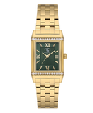 Gold-toned rectangular watch with a dark green dial, Roman numerals, and crystal embellishments on the case.