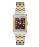 Santa Barbara Polo & Racquet Club women's watch with a rectangular gold-toned case, red dial, and two-tone silver and gold-to