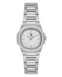 Silver-toned women's watch with a cushion-shaped case, stone-set bezel, and metallic link bracelet