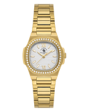 Gold-toned Santa Barbara Polo & Racquet Club women's watch with a cushion-shaped case, white striped dial, and clear stones o