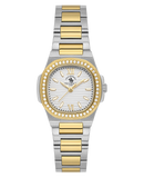 Silver-toned and gold-toned watch with a white textured dial, clear stone-set bezel, and two-tone metal bracelet.