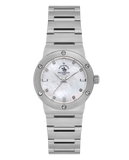 Silver-toned women's watch with a white mother-of-pearl dial, crystal hour markers, and a metal link bracelet.