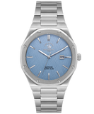 Silver watch with blue face 