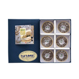 Six frosted crystal cups with gold rims and bases arranged in a luxury navy blue SAME Decorazione gift box.
