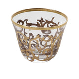 A single crystal cup highlighting the delicate frosted scroll pattern and the brilliant hand-painted 24k gold trim.