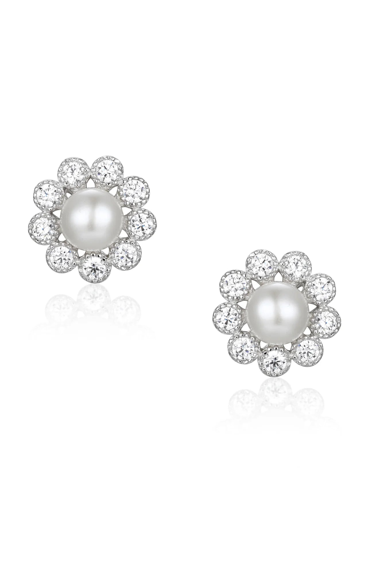 Pair of silver-toned coronet earrings, each with a white freshwater pearl surrounded by clear faceted stones.