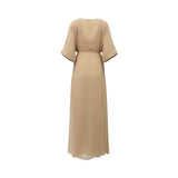 Back view of the SHAIRA nude chiffon gown showing the gathered waistline, wide sleeves, and a clean, minimalist silhouette.