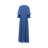 Back view of a floor-length blue chiffon Jalabiya by SHAIRA showing the clean A-line silhouette and layered flounce sleeve detail.