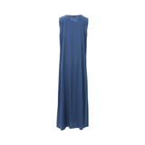 A simple, sleeveless cornflower blue maxi dress with a round neckline.