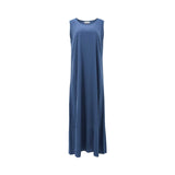 A simple, sleeveless cornflower blue maxi dress with a round neckline.