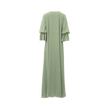 Back view of a floor-length sage green chiffon Jalabiya by SHAIRA showing the clean A-line silhouette and layered flounce sleeve detail.