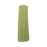 The back of a plain olive green sleeveless chiffon maxi dress with a clean, flowing hemline.