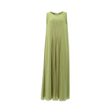 An olive green sleeveless maxi dress with fine vertical pleating down the center chest and a round neckline.