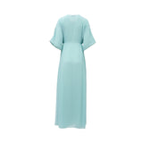 Back view of a SHAIRA sage green chiffon maxi dress showing the flowing silhouette, kimono sleeves, and cinched elastic waist.