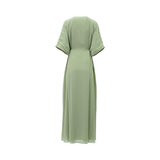 Back view of a SHAIRA sage green chiffon maxi dress showing the flowing silhouette, kimono sleeves, and cinched elastic waist.
