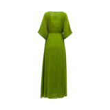 Back view of a flowing olive green SHAIRA kaftan showing the clean chiffon drape and wide kimono sleeves against a white background.