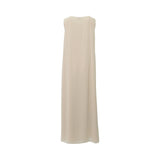 The back of a plain beige sleeveless chiffon maxi dress with a clean, flowing hemline.