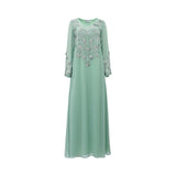 Front view of a SHAIRA mint green long-sleeved chiffon jalabiya with intricate silver floral embroidery on the chest and cuffs, displayed on a white background.