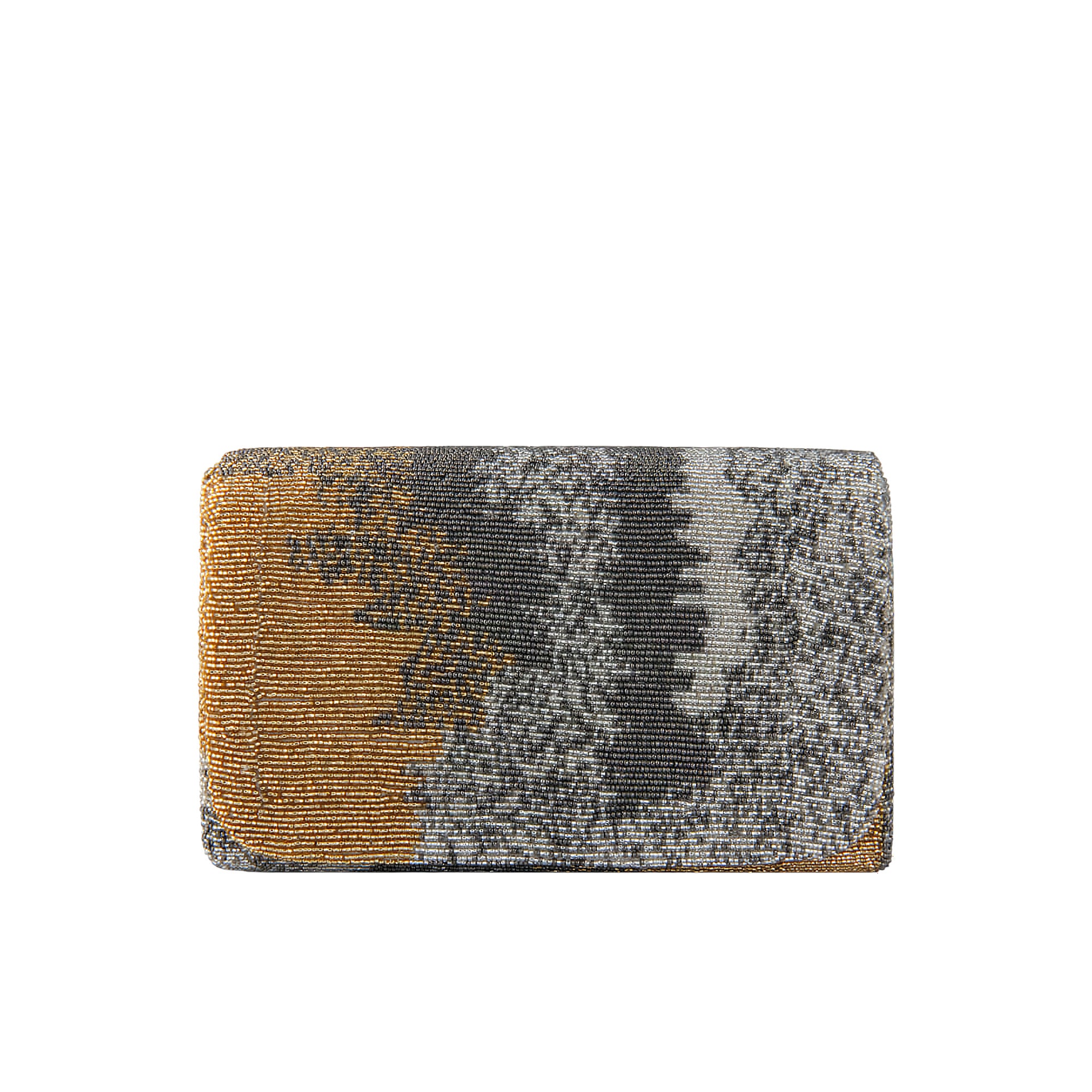 Beaded flapover clutch with a gold-toned left side and a mottled silver-toned and dark gray abstract pattern.