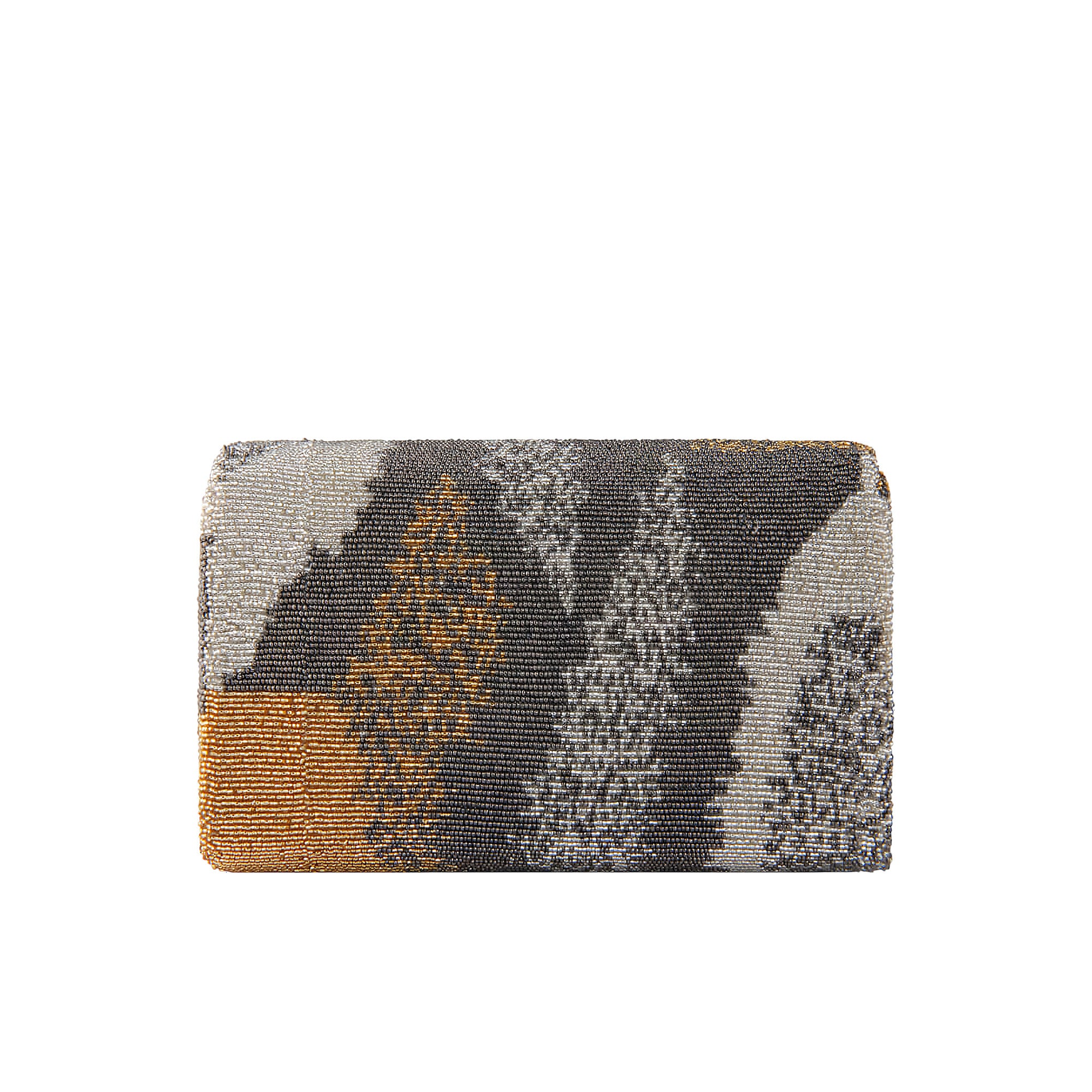 Beaded flapover clutch with an abstract pattern of dark gray, silver-toned, and gold-toned beads, including a solid gold-tone
