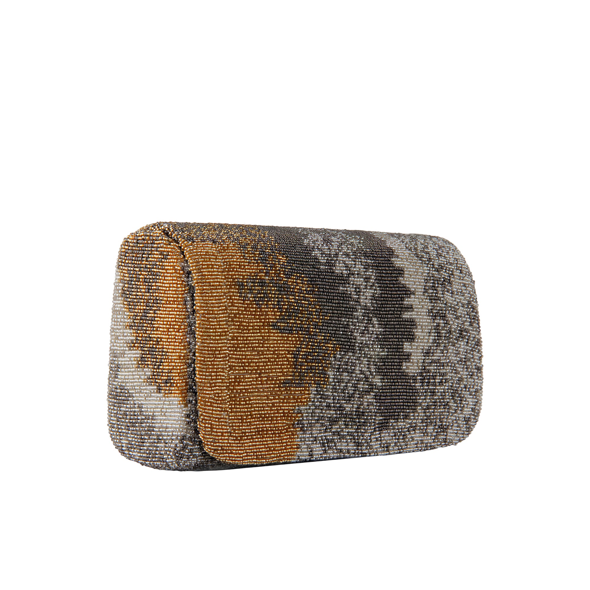Beaded flapover clutch with an abstract pattern of silver-toned, dark gray, and gold-toned beads.
