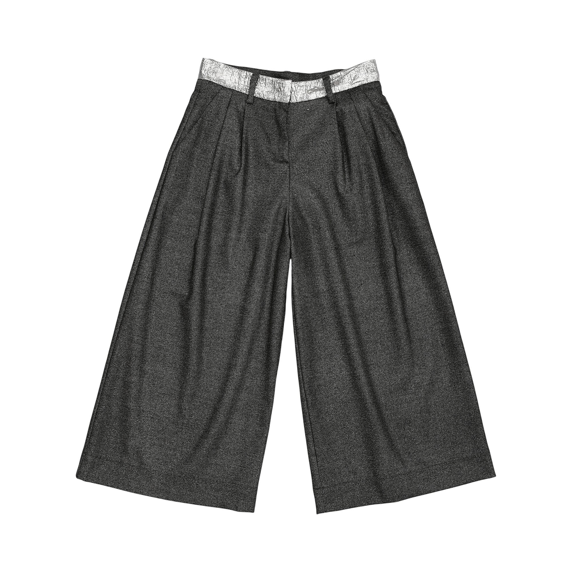 Charcoal grey heathered wide-leg trousers with front pleats, belt loops, and a light-toned patterned waistband.