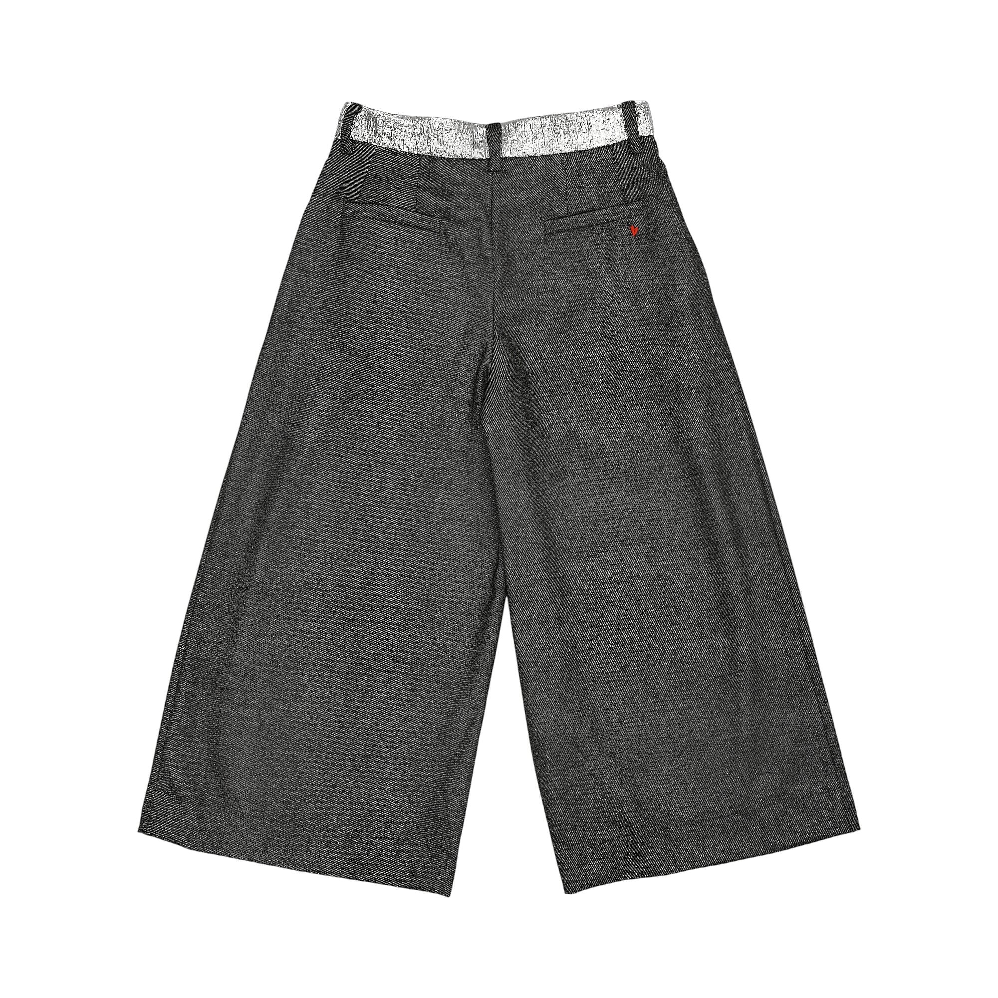Dark grey textured wide-leg cropped trousers with two back pockets, a red heart detail, and a crinkled silver-toned waistband