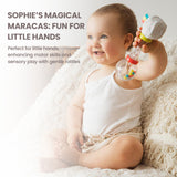 Soft maraca rattle with a white polka-dotted fabric top, yellow handle, and clear sphere base containing colorful beads.