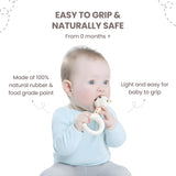 White natural rubber ring teether with a giraffe head, brown spots, eyes, and ears.
