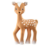 Brown and white fawn-shaped natural rubber baby toy with white spots and white markings on its forehead and hooves.