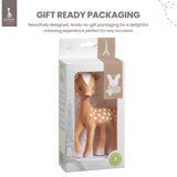 Brown natural rubber fawn toy with white spots on its back, a white muzzle, and white hooves. It has small dark eyes.