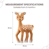 Multicolor rubber fawn toy with brown body, white spots, white face details, blue eyes, and white hooves.