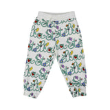 White pants with colorful 'Stella' pattern on a white background