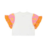 White top with colorful ruffled sleeves on a white background
