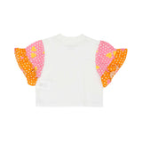 White top with colorful ruffled sleeves on a white background