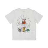 White t-shirt with cartoon characters and 'ESTELLA' text on a white background.