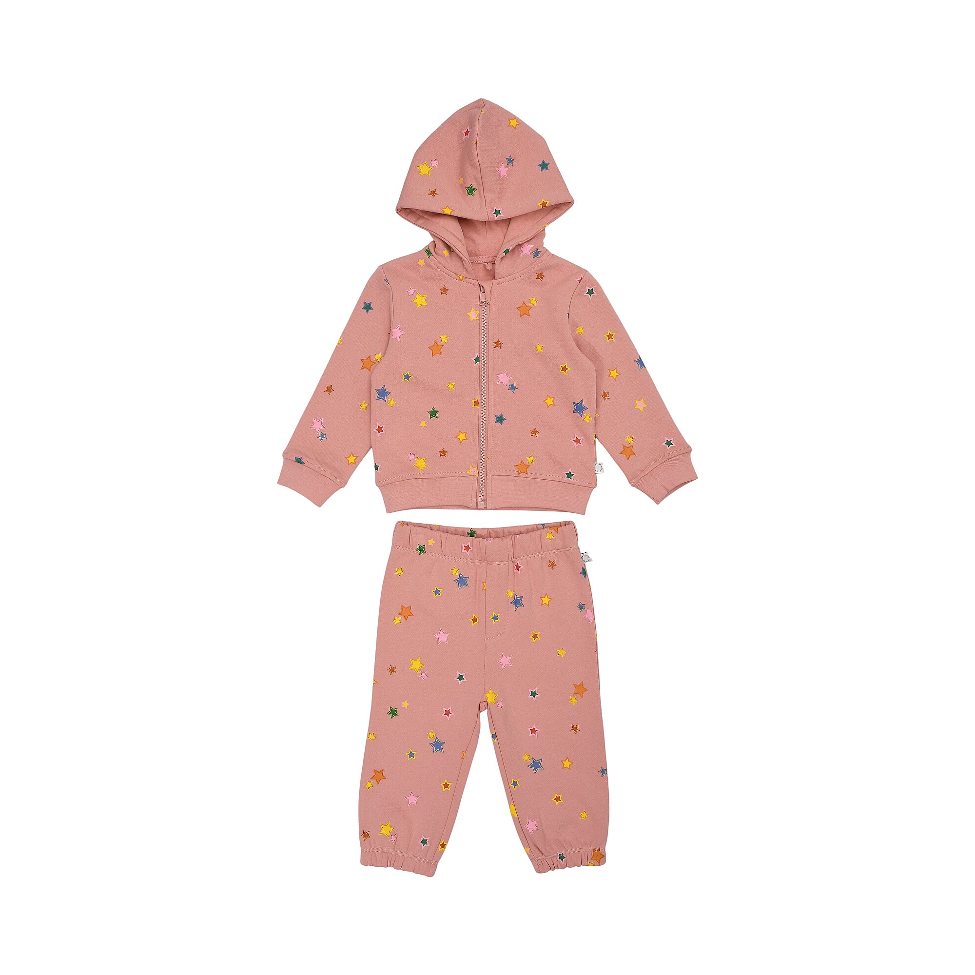 Pink jogging suit for babies, featuring a hooded zip-up jacket and matching trousers with a multi-coloured star pattern.