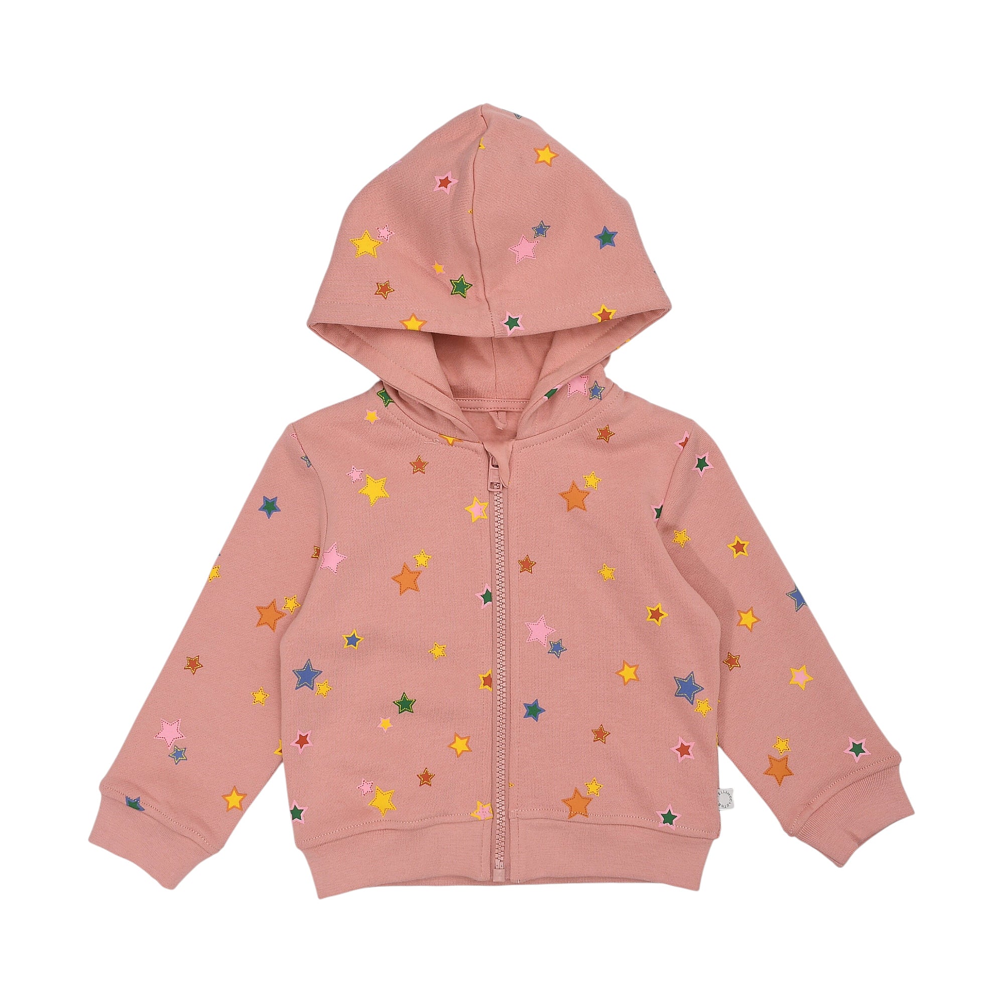Pink hooded full-zip sweatshirt with long sleeves, ribbed cuffs and hem, featuring an all-over multi-colored star pattern.