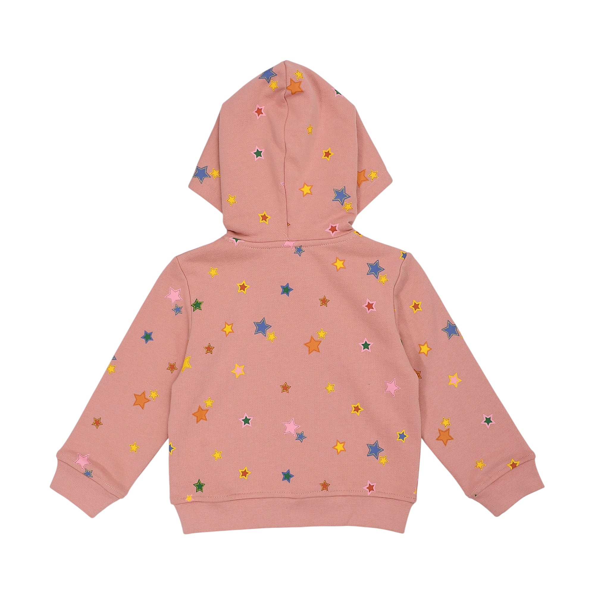 Back of a pink hoodie with a hood, long sleeves, and ribbed cuffs/hem. It features scattered multi-colored star embroidery.