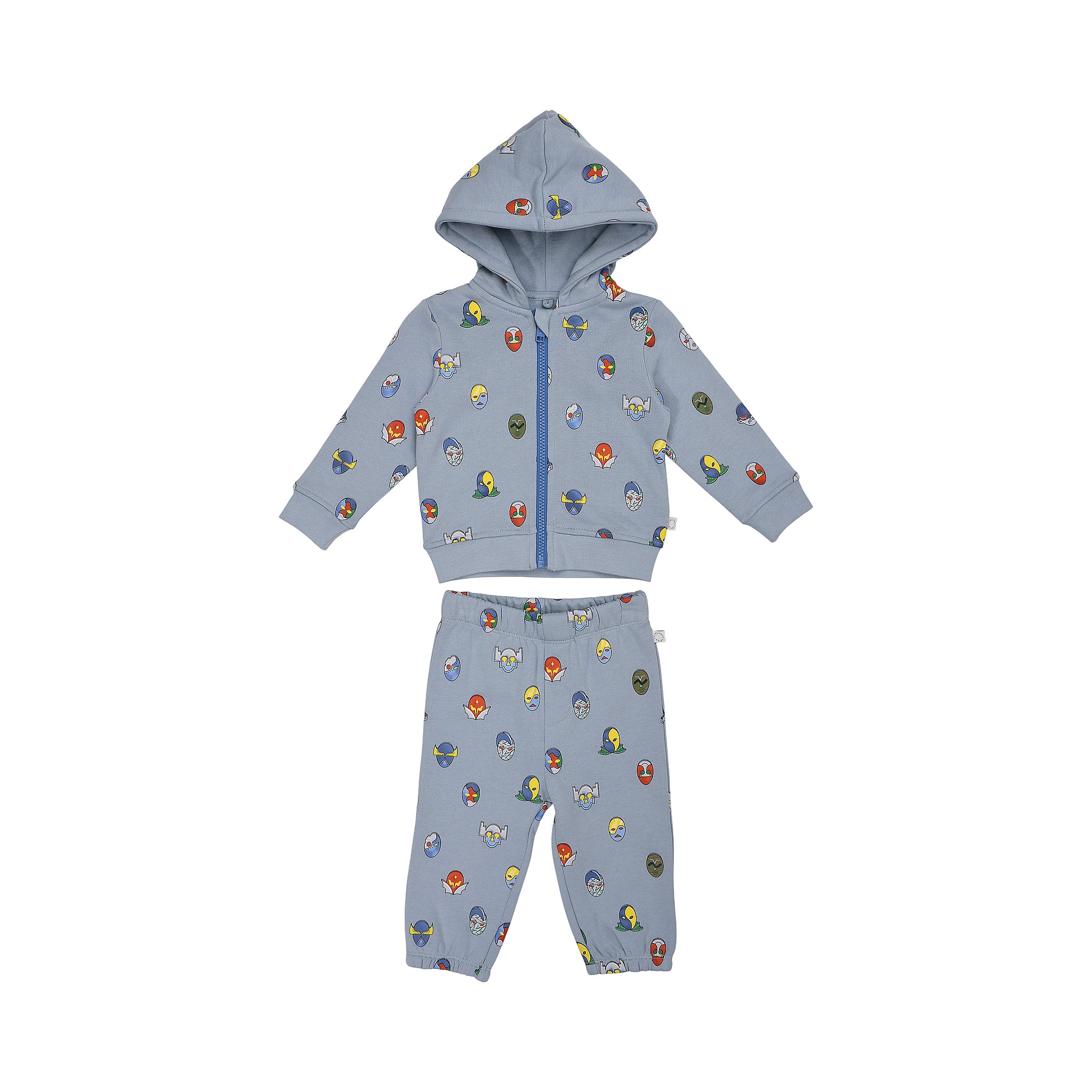 Light blue hooded jogging suit with a full-zip top and matching trousers, both featuring an all-over colourful character face
