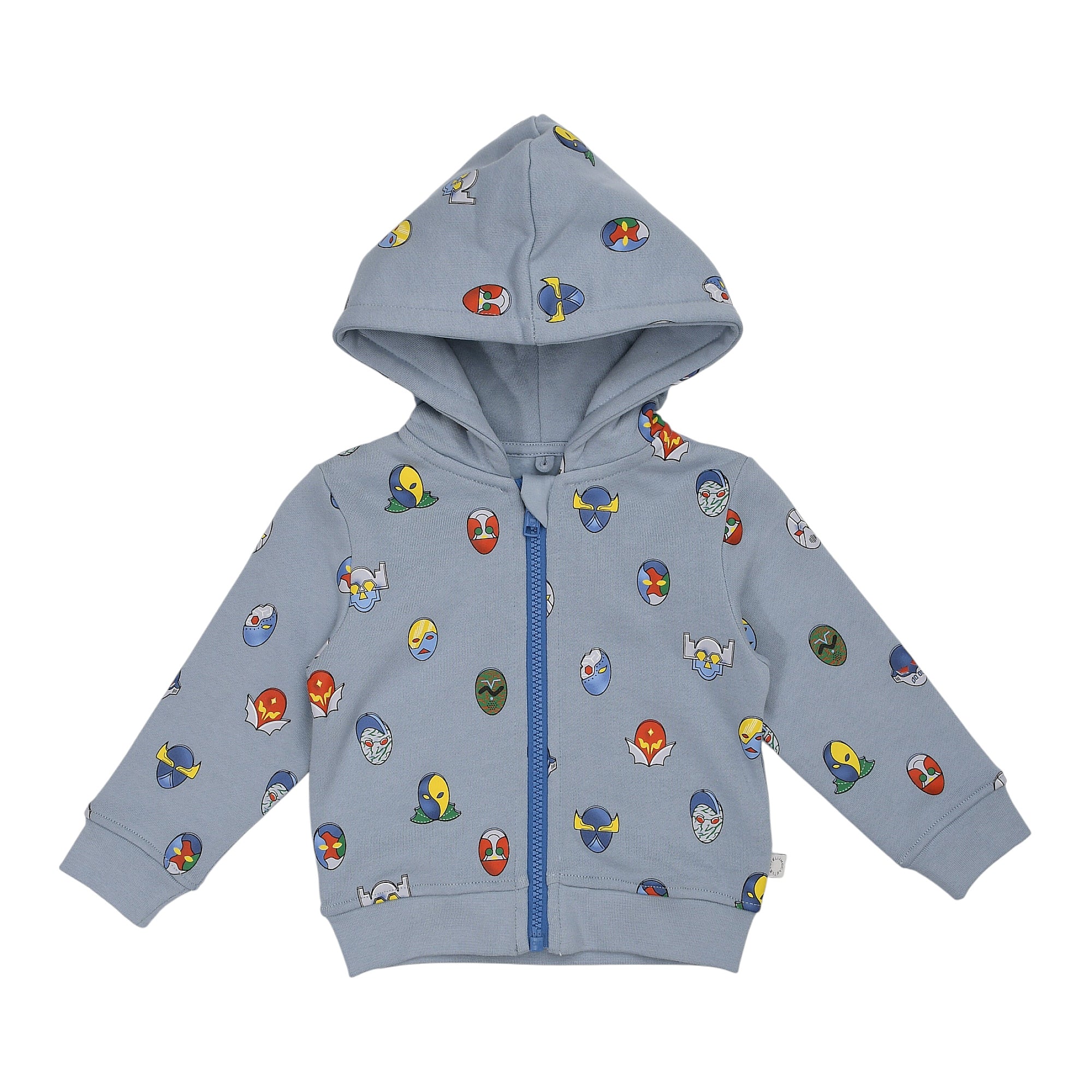 Blue hooded jacket with an all-over print of colorful superhero masks, full blue zipper, ribbed cuffs and hem.